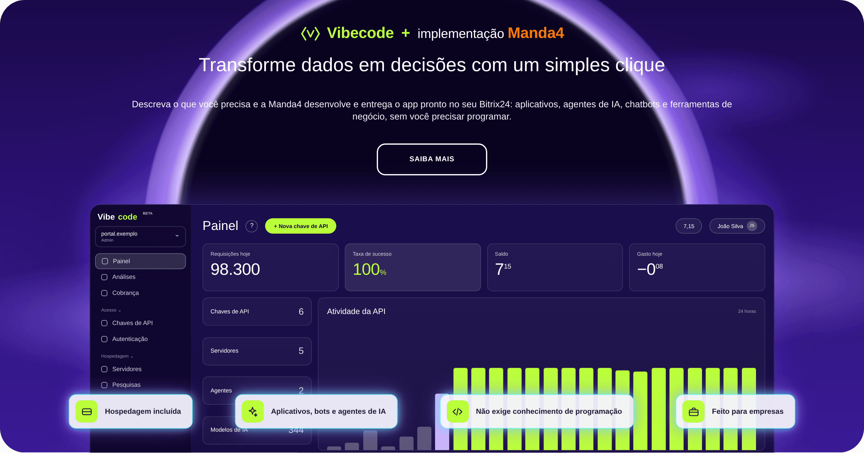 Banner Vibecode Manda4: terminal e editor de código com um aplicativo sendo construído com IA